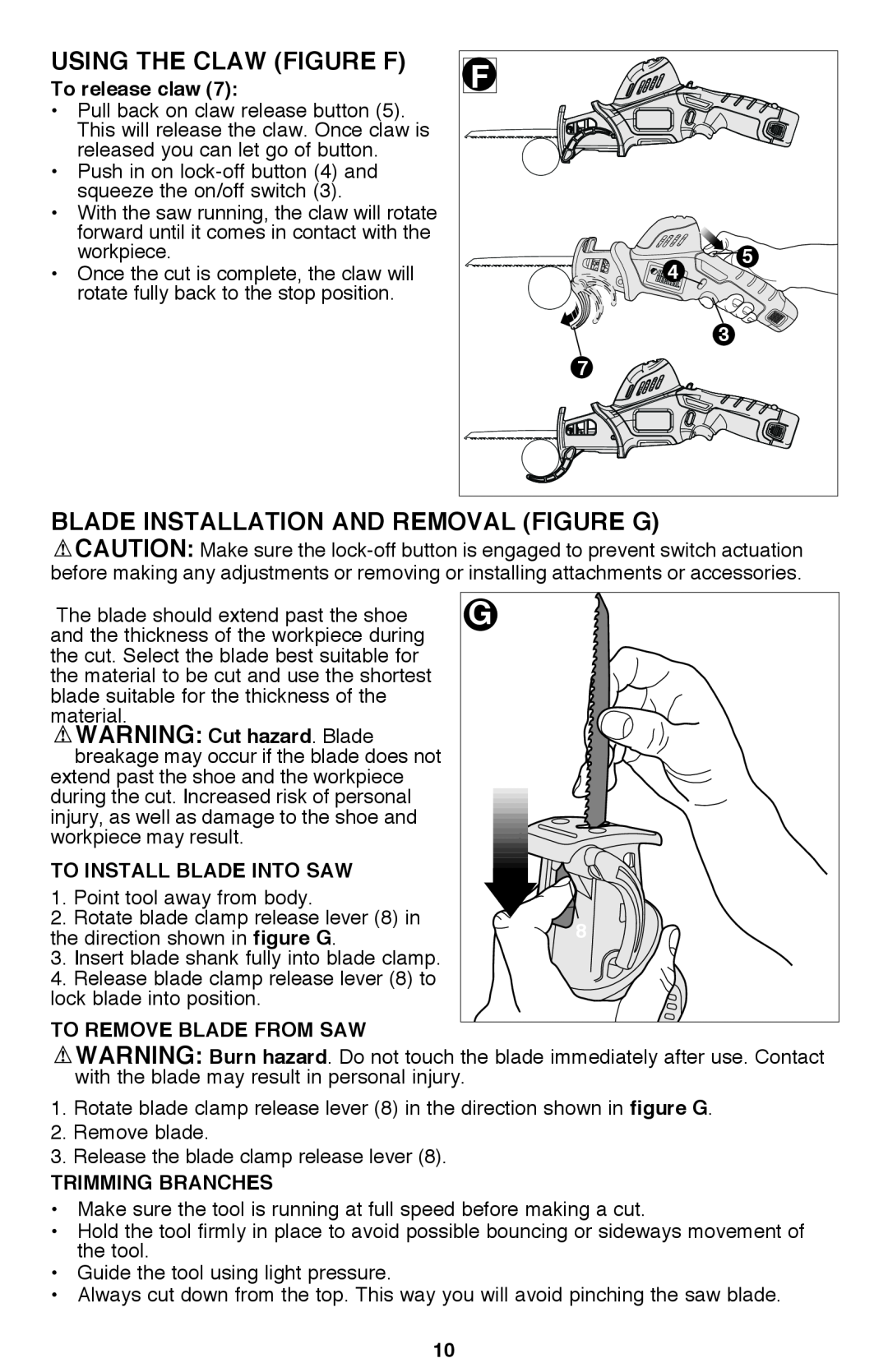 Black & Decker PSL12 instruction manual Using the Claw FigURE F, Blade Installation and Removal FigURE G 
